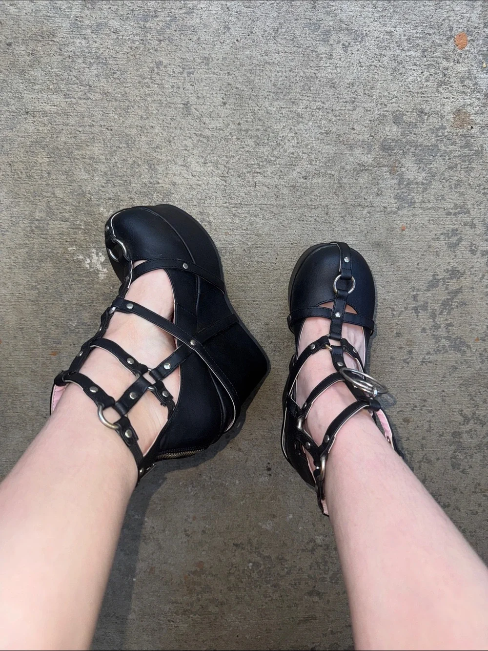 black platform demonias with pink interior